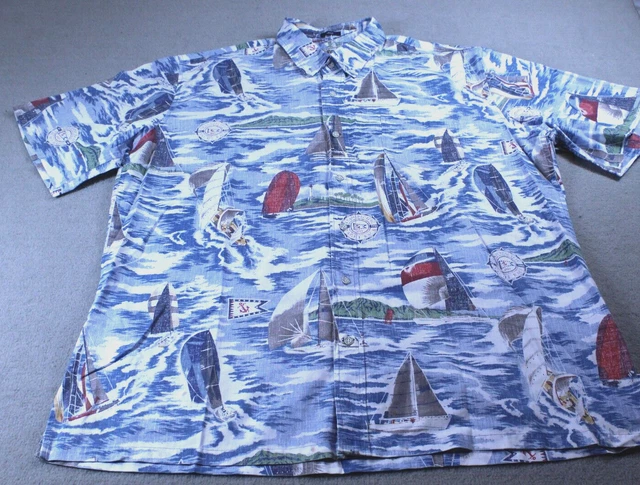 Reyn Spooner Shirt Mens 2XL Blue Sail Boat Light House Ocean Hawaiian Vacation