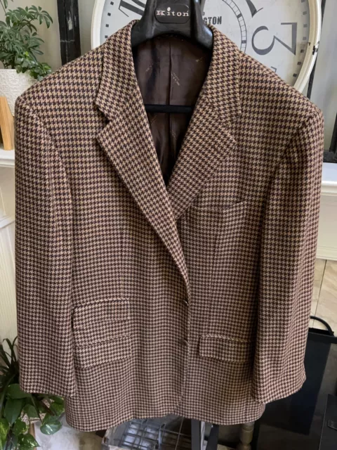 KITON men's sport jacket coat 100% cashmere 2 tone brown houndstooth US 48R