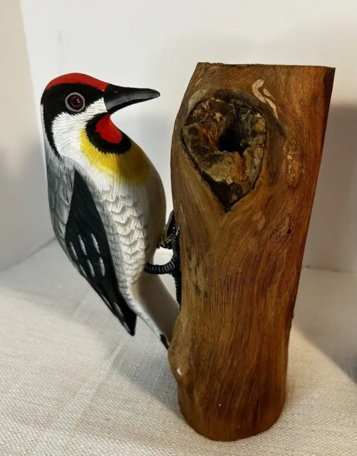Vintage Handcrafted Woodpecker Decoy Folk Art Statue Figure on Wood Stump