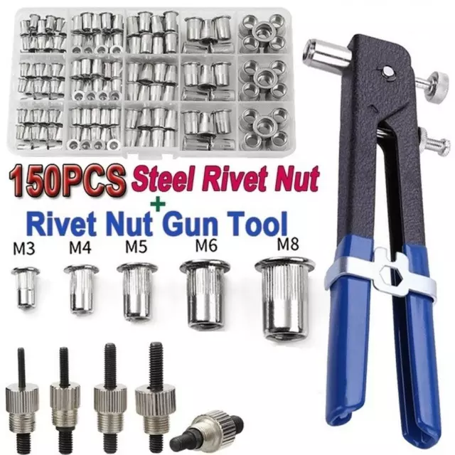 150Pcs Rivet Nuts Stainless Steel Heavy Duty Threaded Insert Nutsert Rivnuts Gun