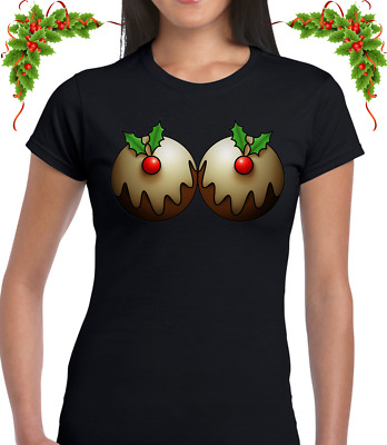 Christmas Pudding Boobs Ladies T Shirt Tee Funny Xmas Rude Cool Joke Womens Elf