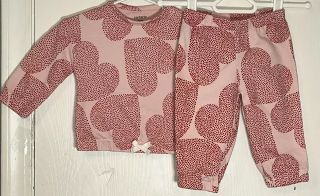 Carter's Baby Girl 6M Two Piece Outfit Pink w/ Red Hearts Long Sleeve Top/Pants