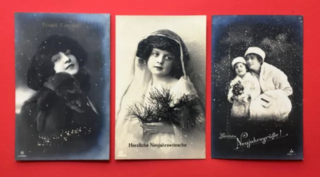 3 x Foto AK NEUJAHR 1918 Frauen Porträt Mode Frisur Hut Kinder  ( 48952