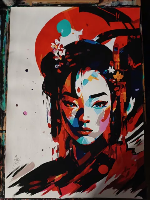 Acrilyc portrait Poster Of Japanese geisha girl, handmade 2