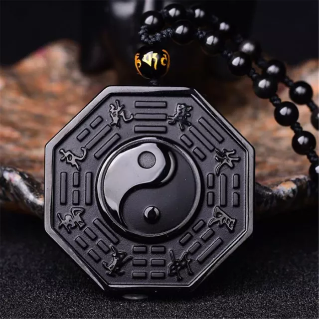 Obsidian Geschnitzt Yin Yang Ba Gua Anhänger Glück Amulett Schmuck Halskette