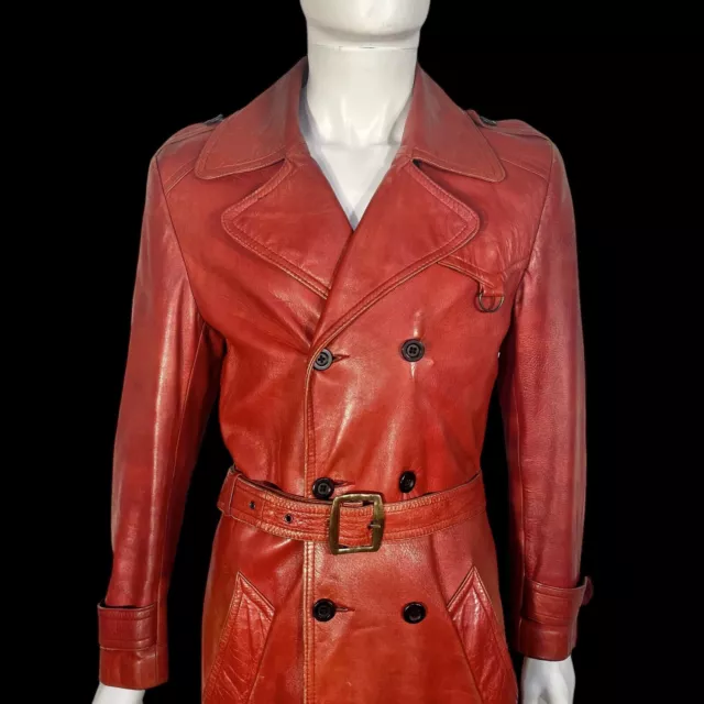 1970s Men's Red Leather Trench Coat with Rounded Collars 38" Vintage 70s Glam