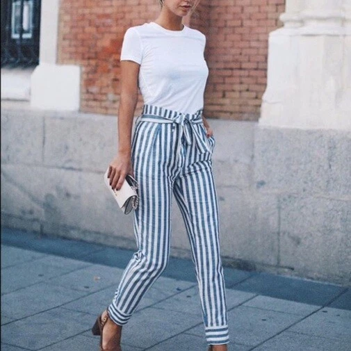 Pantalon Zara Rayé Marine Et Blanc, Taille M, Neuf Avec étiquettes – Coupe Régulière