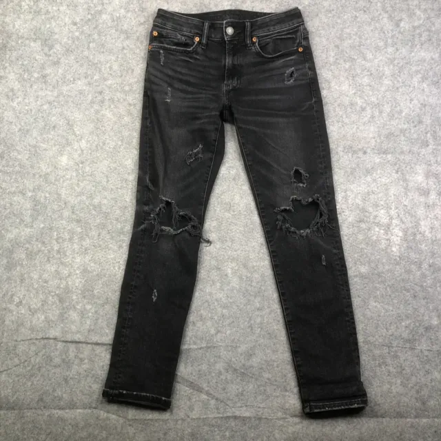 American Eagle Men’s Black Slim Fit  Airflex Denim Jeans Size 28x30 Distressed