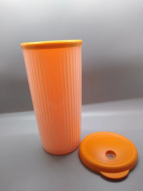 Tupperware Tall Travel Cup Mug Orange white Stripes has orange lid. Insulated