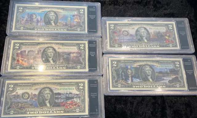 (5)thomas jefferson two dollar  $2 legal tender currency, 5 different locations