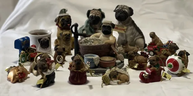 12 Pug Dog Danbury Mint ornaments collection , + 7 extra pug Dog figurines Mixed