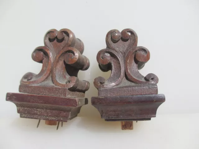 Victorian Carved Wooden Finials Tops Ends Antique Old Leaf Spirals Wood Mounts