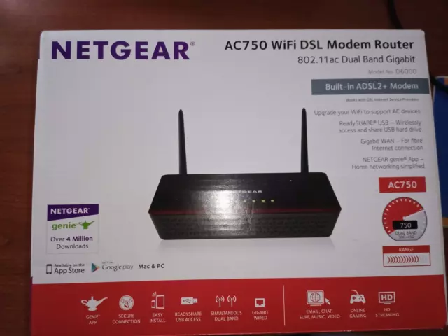 Netgear D6000-100PES AC750 Mbps WiFi Modem Router, ADSL2+, 4 Porte Gigabit