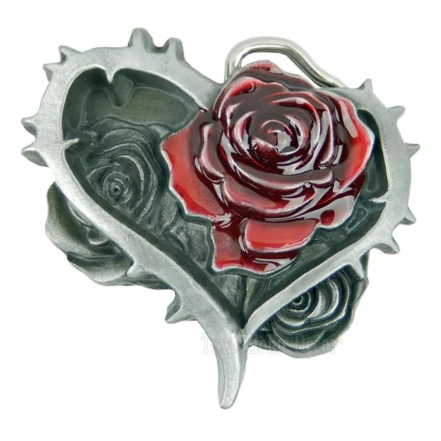 Thorny Heart Roses Belt Buckle Red Enamel Antique Silver Tone Fits 1.5" Belts