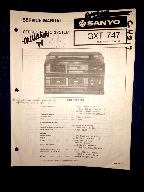 Sanyo Gxt747 Stereo Music System Original Service Manual