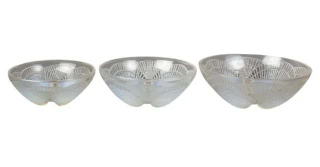 3 Coupes Coquilles Verre Opalescent René Lalique R.Lalique Glass Bowl Dish Shell