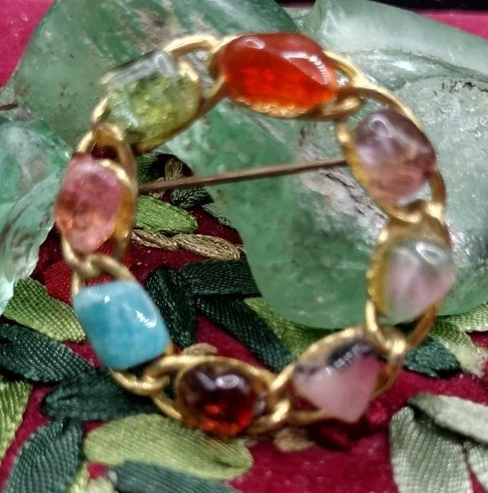 Vintage Circle Wreath Brooch Pin Natural Real Semi Precious Stones