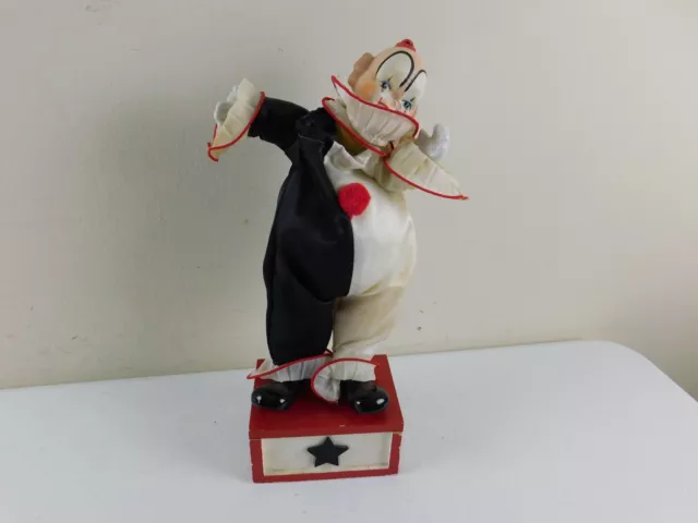 Vintage Wind-up Musical Animated 12" Toy Circus Clown on Pedestal, Music Box EUC