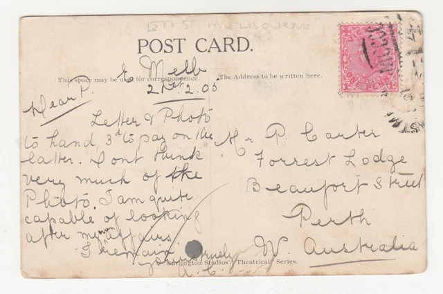 VICTORIA,1414, EAST MELBOURNE duplex,1905 ppc. Miss Florence Hamer, 1d. to Perth