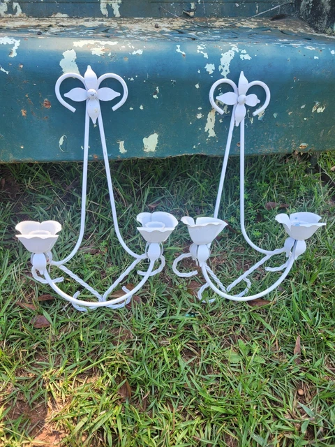Homco White Double Arm Candle Tulip Rose Holder Wall Sconces Twisted Braided(2)