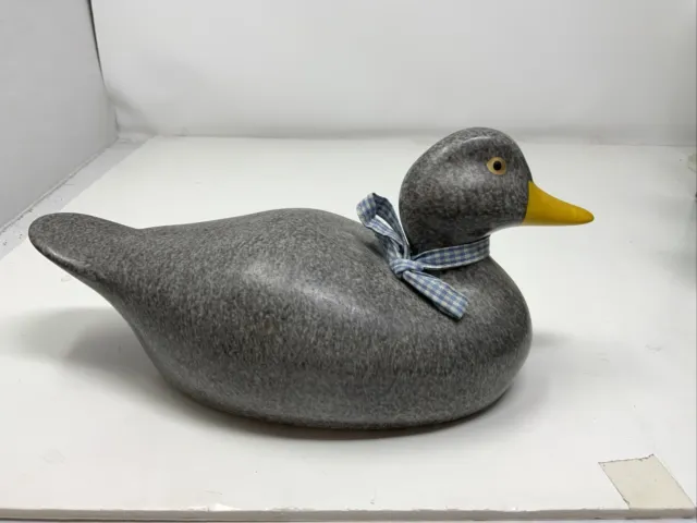 Vintage Gray Enesco Ceramic Duck 1984 Mallard With Ribbon