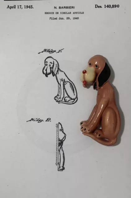 April  17, 1945. Nicholas Barbieri. Pat 140890. Vintage Hound Dog Brooch Pin.