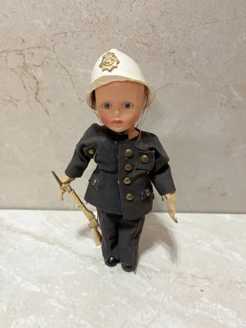 Vintage Bobby White Hat Sleepy Eye Doll London England Souvenir Doll 7.5” tall.