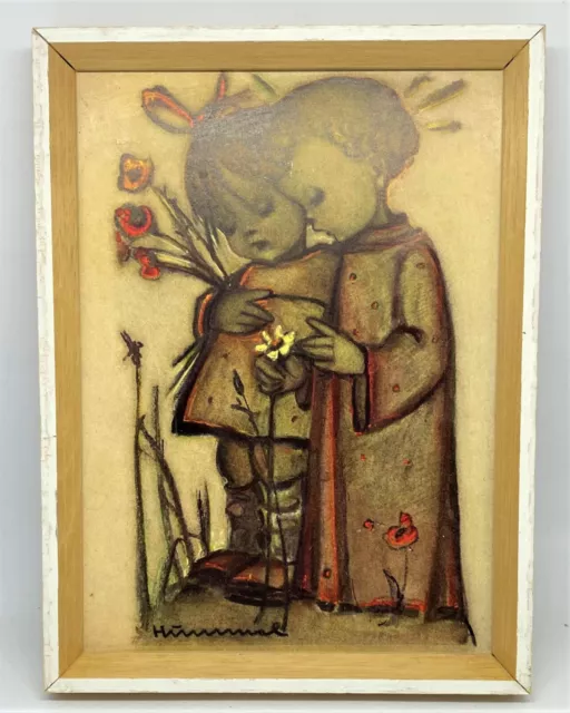 Vintage Wood Frame ARS SACRA Hummel "flowers girl" Artwork Made in England