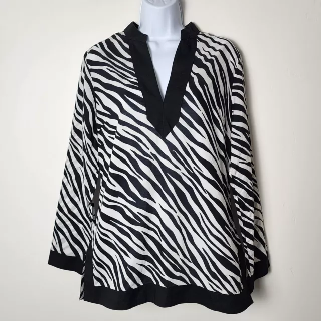 Jones New York Signature Women Sz M Zebra Tunic Top Long Sleeve Cotton Blk White