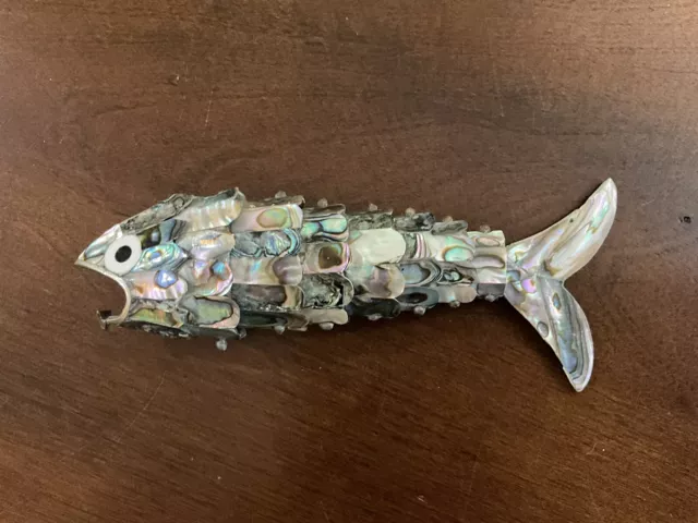 Beautiful Vintage Abalone Mother Of Pearl Articulated Fish Bottle Opener 7”