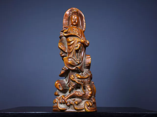 Chinese Antique Vintage Wooden Boxwood Carved Dragon Kwan-yin Statue Sculpture