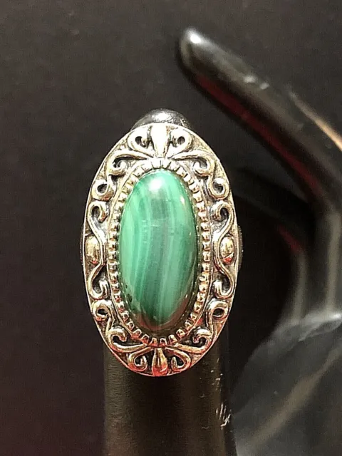 STERLING SILVER GREEN MALACHITE OVAL RING Sz 6.25