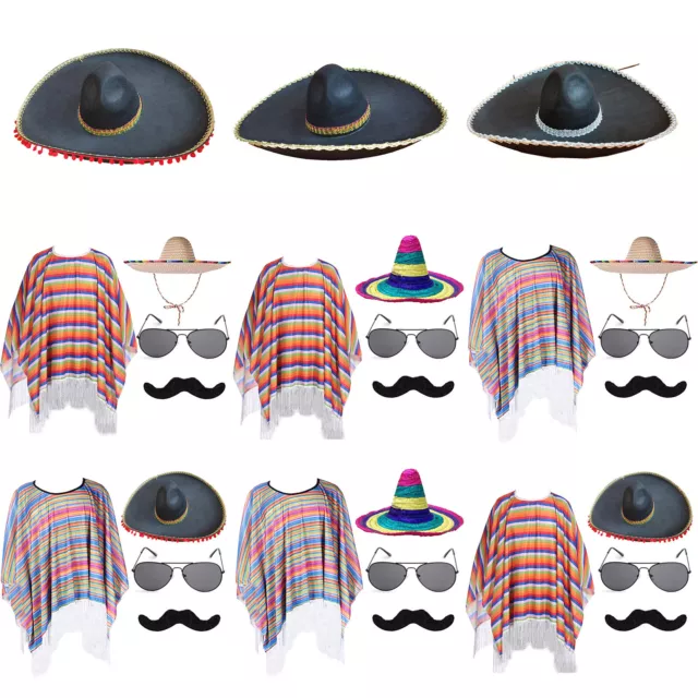 Adult Sombrero Hat Holiday Mexican Costume Set Funny Serape Poncho Festival