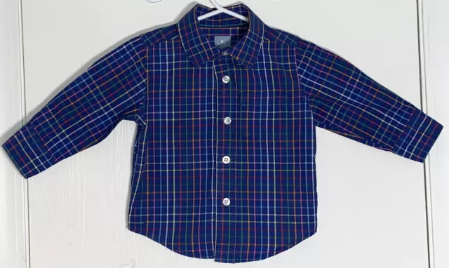 Baby Gap Baby Boy 12-18M Shirt Long Sleeve Button Down Blue Plaid Open Pocket