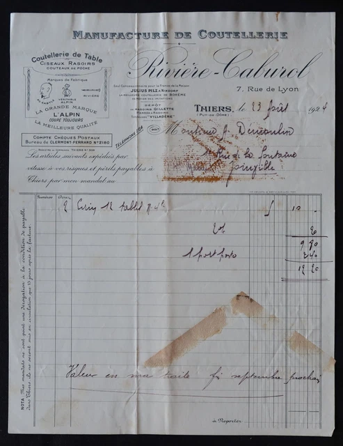 Facture Commerciale Thiers 1913 - Coutellerie Buscs Prulhiere Germain - Original