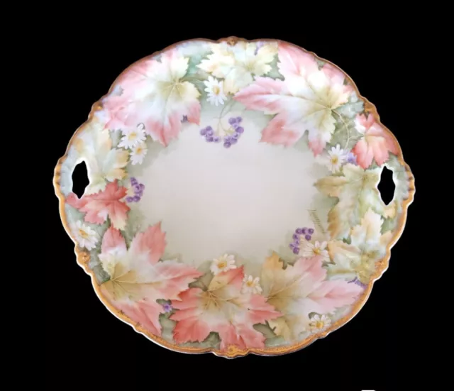 Vintage Bavarian Hand Painted Handle Plate Grape Leaves Daisies Signed Longpere