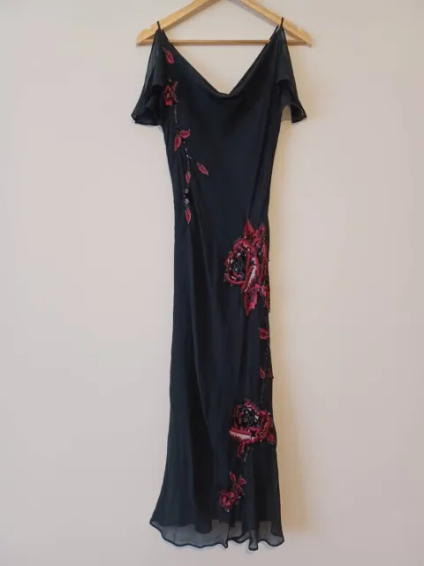 Warehouse 100% Silk Floral Embellished Sleeveless Midi Dress  - Black - UK 12
