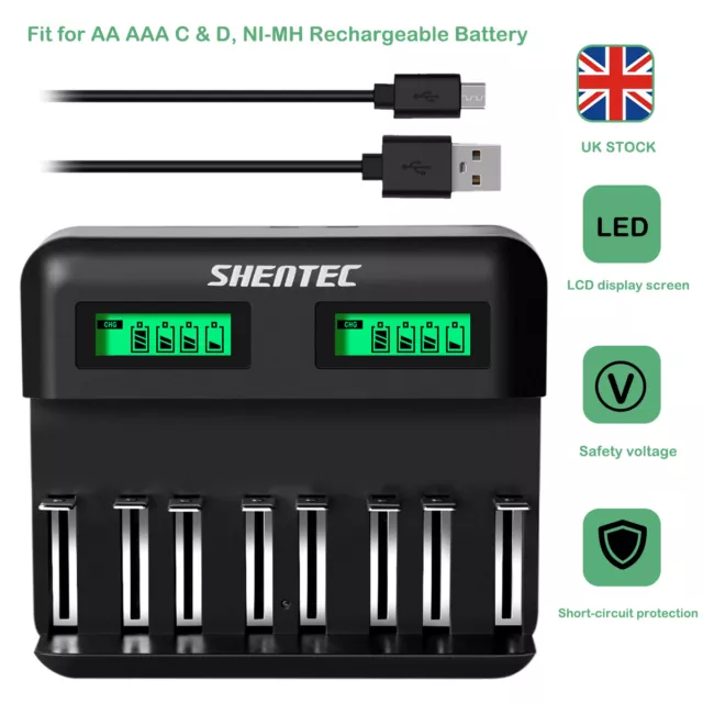 AA AAA C D Ni-MH Rechargeable Battery Charger LCD 8-Slot Fast Smart Universal