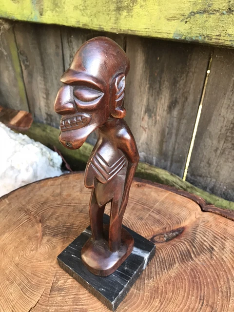 Antica FIGURA VINTAGE ISOLE PASQUALI INTAGLIATA MOAI KAVAKAVA 8,5" base marmo legno
