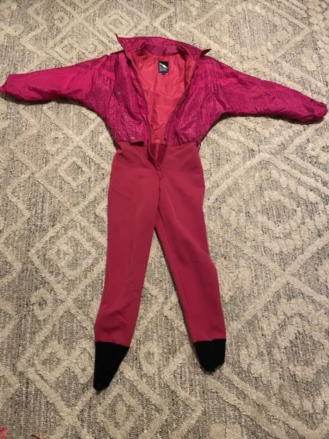 Vintage 80s Serac Pink One Piece Retro Ski Snow Suit Wool Pants Bib Size 10