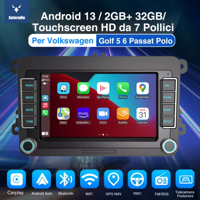 Autoradio 2DIN 32G Android 13 Carplay GPS WIFI RDS Per VW GOLF 5 6 Polo 6R Caddy 2