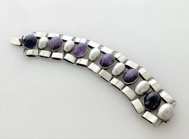 Fred Davis Taxco Sterling Silver & Beautiful Purple Cabachon Amethysts Bracelet!