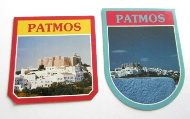 Souvenir-Aufkleber Patmos Johannes-Kloster Ägäis Griechenland 80er 2 Stück