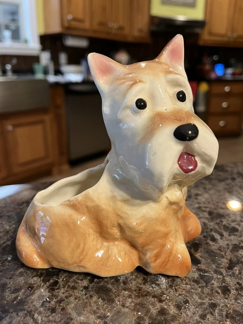 Vintage Schnauzer Scottie Dog Glazed Ceramic Planter Figure Vase Brown White