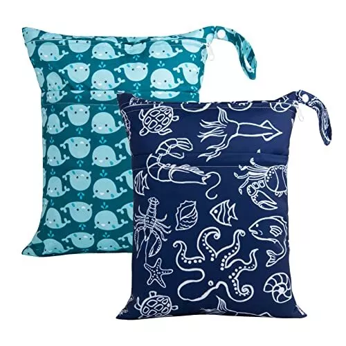 BABY 2pcs Cloth Diaper Wet Dry Bags Waterproof Reusable with Two marine Animal