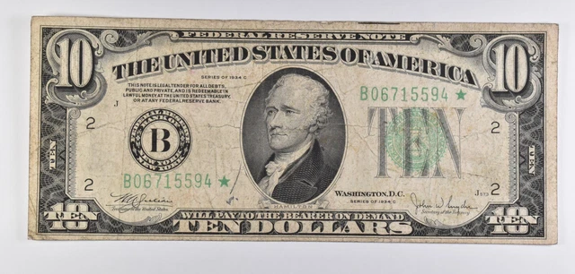 1934-C Star Note $10 New York, NY US Federal Reserve Note Green Seal *6501