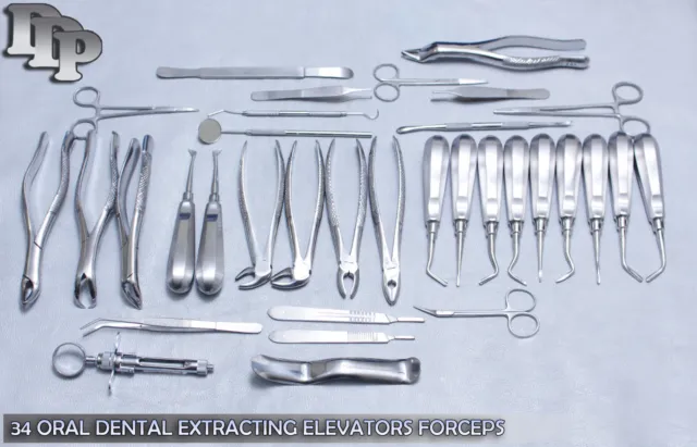German 34 Pc Oral Dental Surgery Extracting Elevators Forceps Instrument Kit Set 2