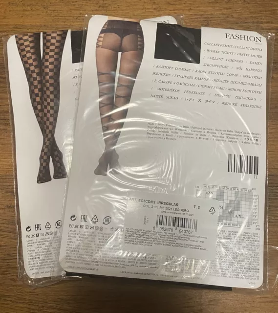 Set Lotto 2 Paia Collant CALZEDONIA FASHION NERE Con Stampe T. 2 S