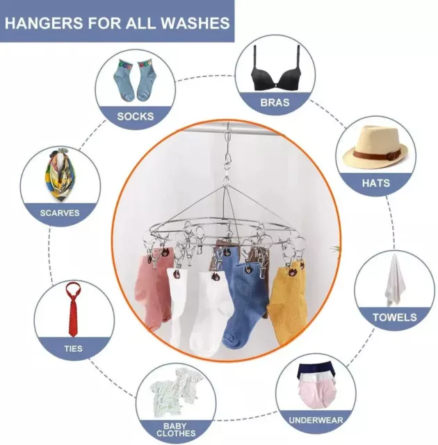 2 Pack Stainless Steel round Hanging Drying Rack with 20 Clips for Drying Socks 3