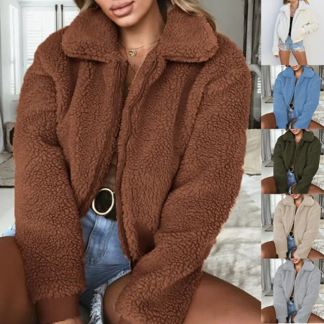 Womens Teddy Bear Fleece Fluffy Collar Coat Ladies Zip Up Pocket Jacket Outwear